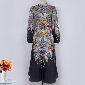 Elegant Floral Midi Dress with Long Sleeves
